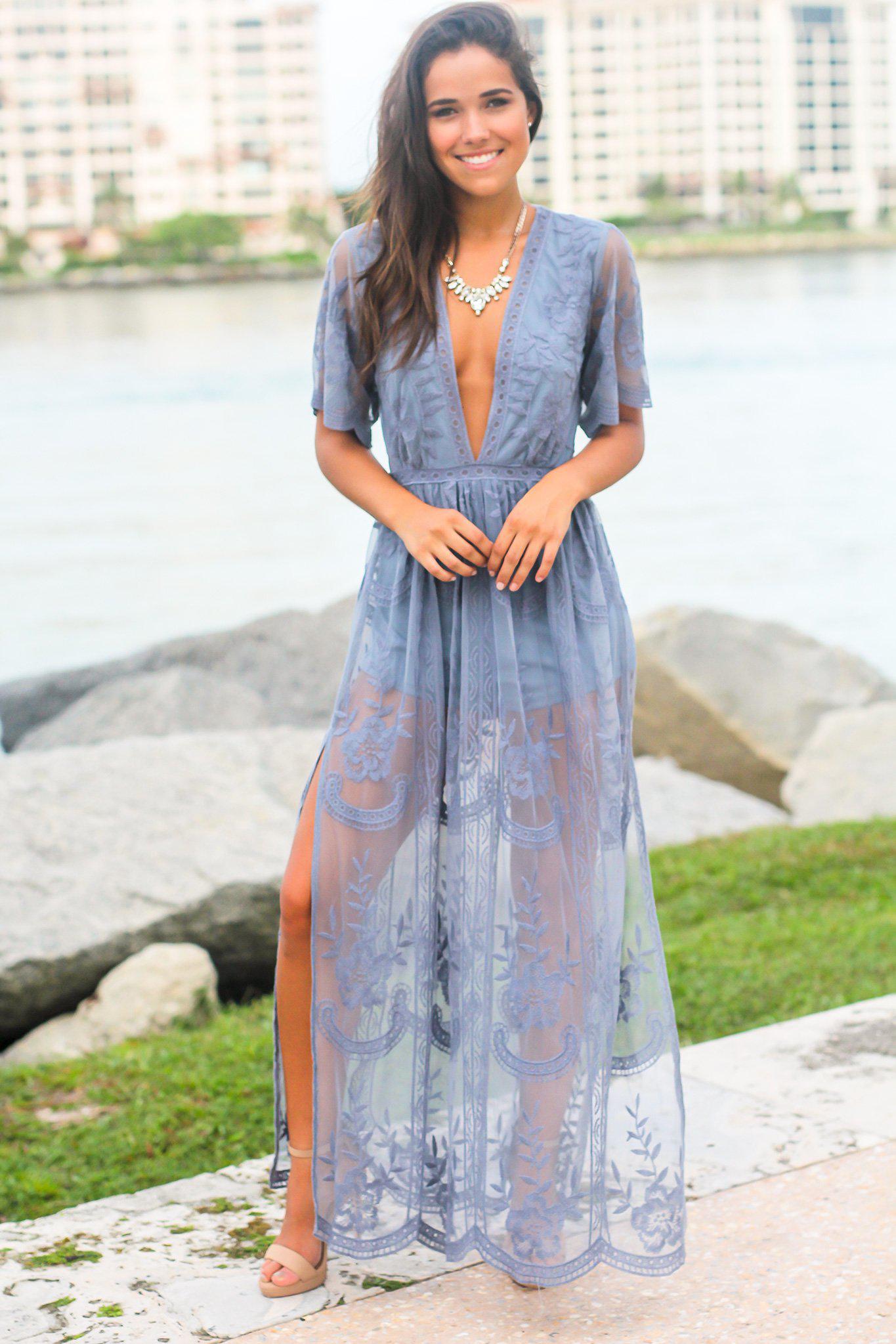 Dusty Blue Lace Maxi Romper | Lace ...